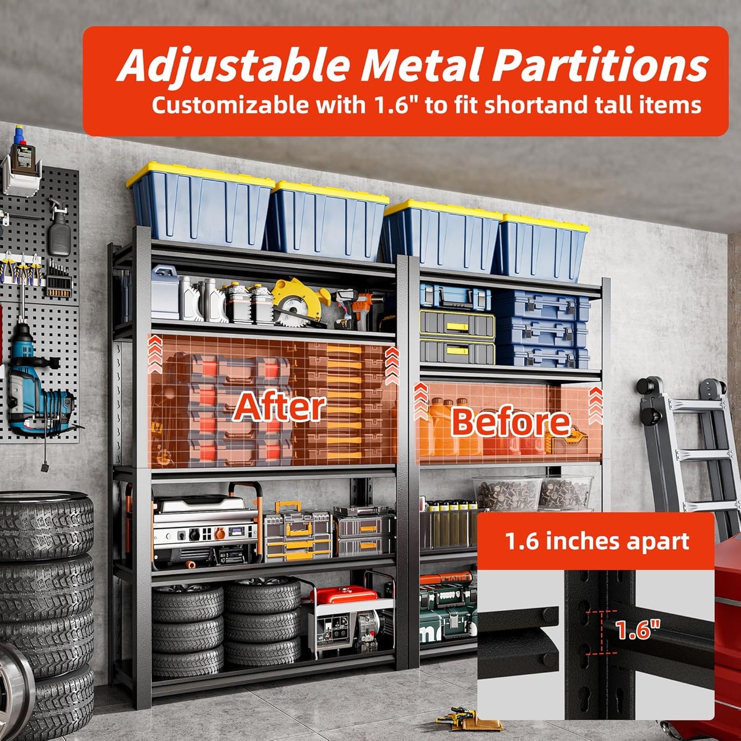 59" W Garage Shelving,5-Tier Heavy Duty Shelving Unit,3000LBS Adjustable Metal Storage Shelves,Storage Rack Units for Industrie,Shed,Warehouse,Basement,Black,59" W x 20" D x 72" H