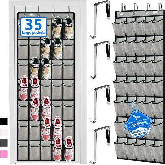 over the door shoe organizer,2025 upgraded,shoe organizer,35 Huge pockets,over door shoe organizer,Store size 13 shoes,shoe organizer,Strong material,hooks Suitable for various doors,Grey/black