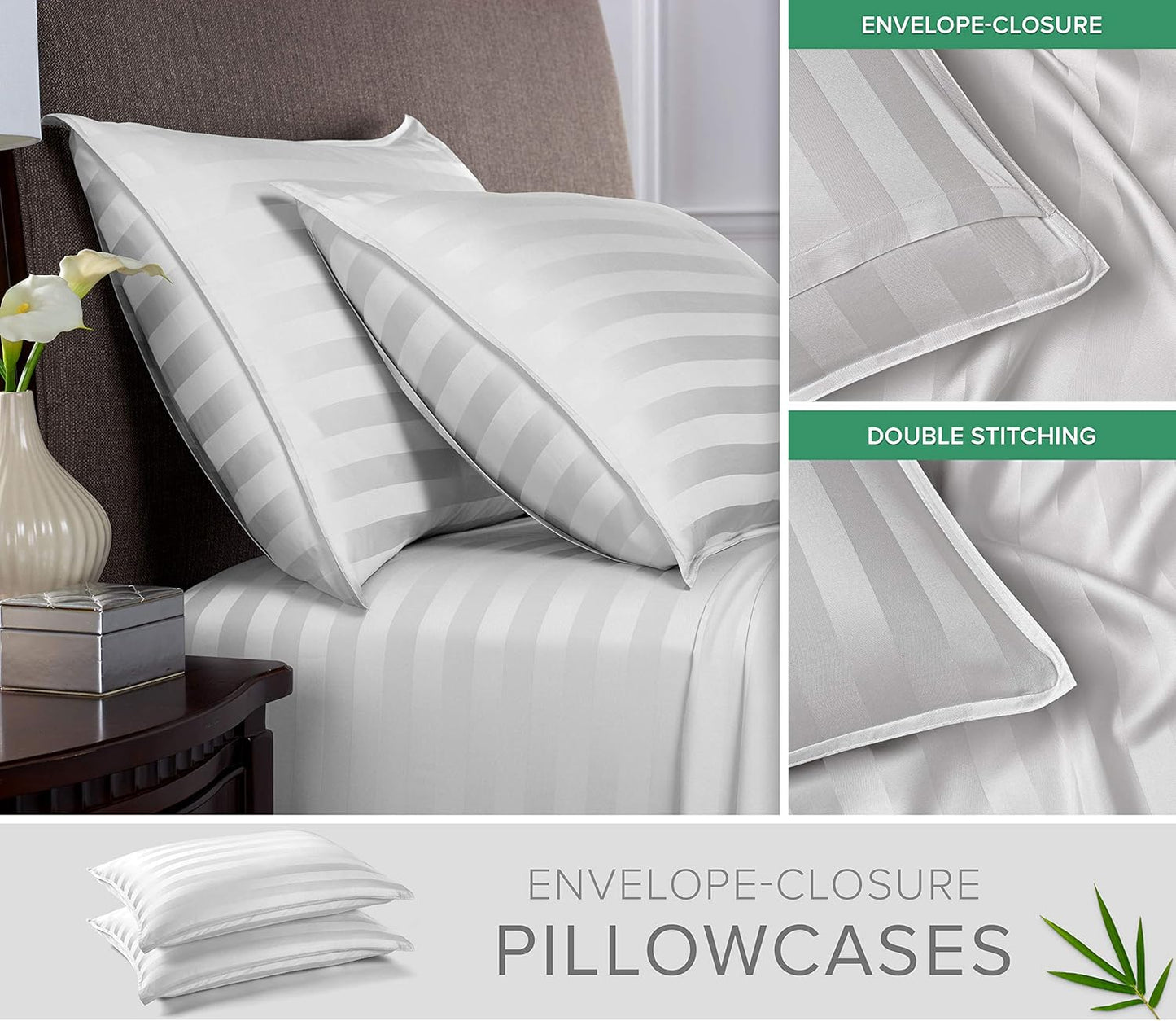 King Pillowcases by Pure Bamboo, Genuine 100% Organic Viscose Derived from Bamboo, Luxuriously Soft & Cooling, Double Stitching, Envelope Closure (2 King Pillowcases, Jacquard White)