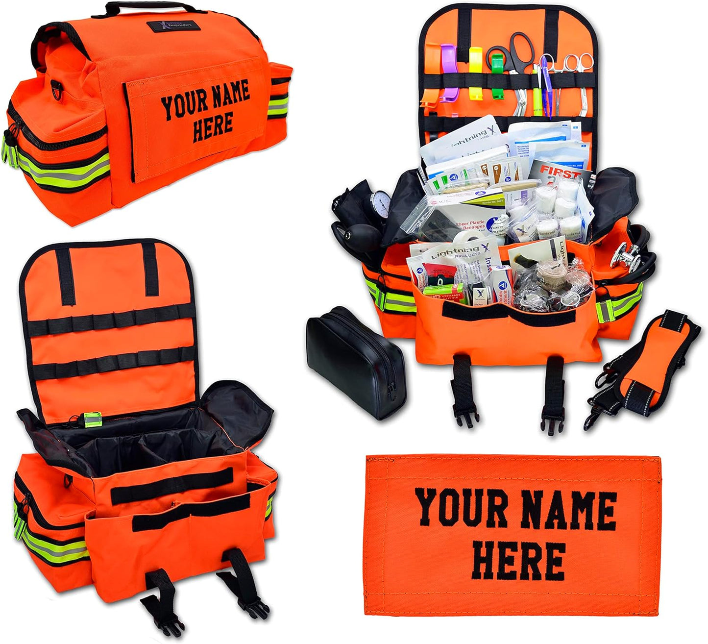 Lightning X Personalized First Responder EMT EMS Trauma Bag w/Stocked First Aid Fill Kit B & Custom Embroidered Name Patch (Orange)