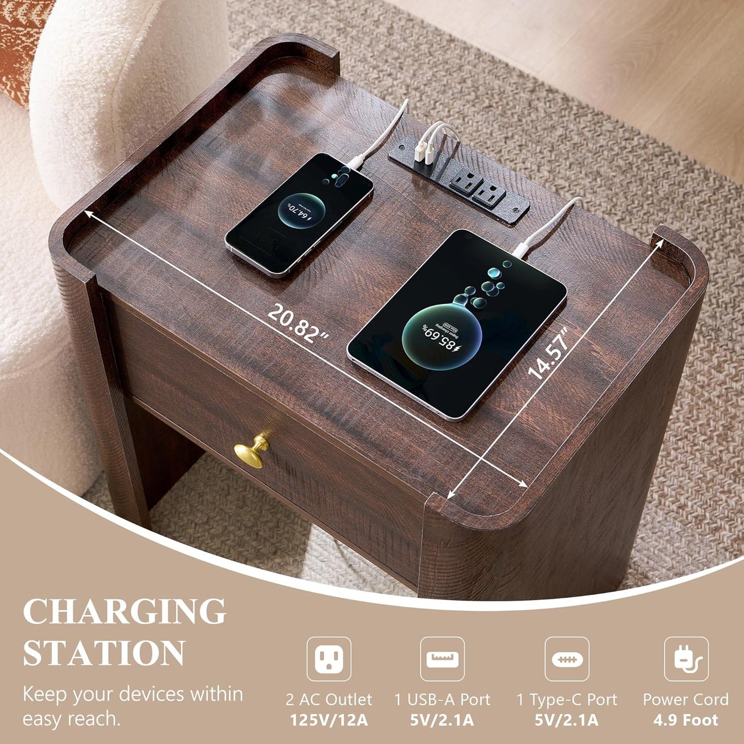23.6" Tall Modern Nightstand Set of 2, 22" Wide Curved Bedside Table with Charging Station, Wooden Night Stand with 1 Storage Drawer, Large End Table for Bedroom, Living Room, Brown