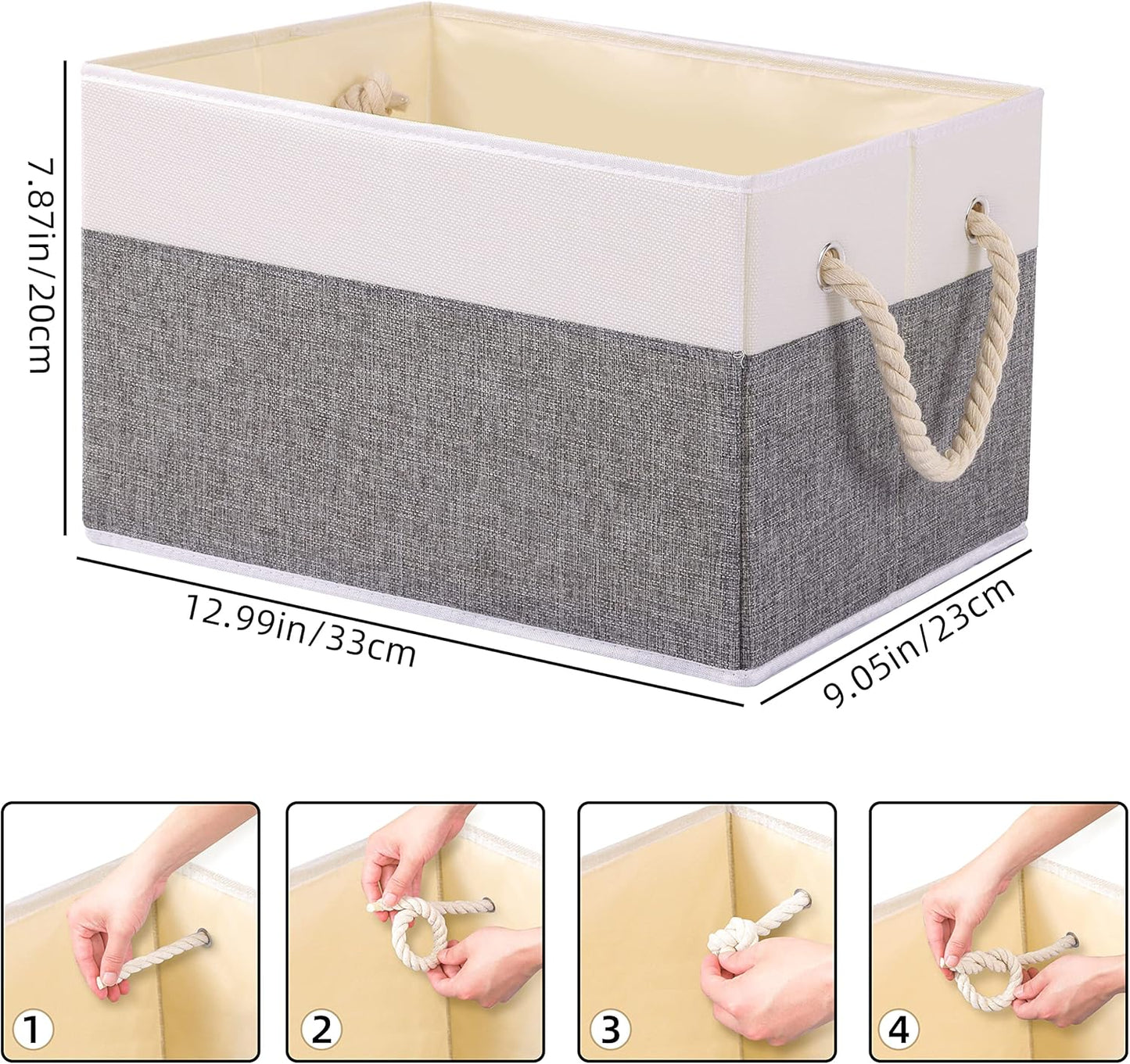 Yawinhe Foldable Storage Basket 3-Pack, Large Fabric Bins with Rope Handle, Used for Organizing Shelves, Closets, Clothes, 12.99''Lx9.05''Wx7.87''H, White/Grey