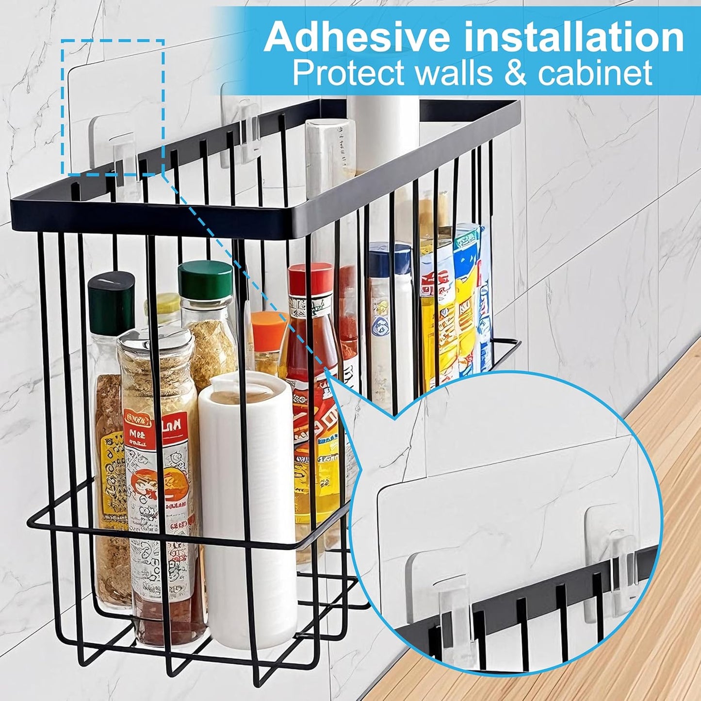 Cabinet Door Organizer Basket 2 Pack, Foil and Plastic Wrap Organizer with 2 Sponges, Lid Organizers Inside Cabinet, Metal Basket for Kitchen Organizers and Storage, Utility, Black (Medium,Large)