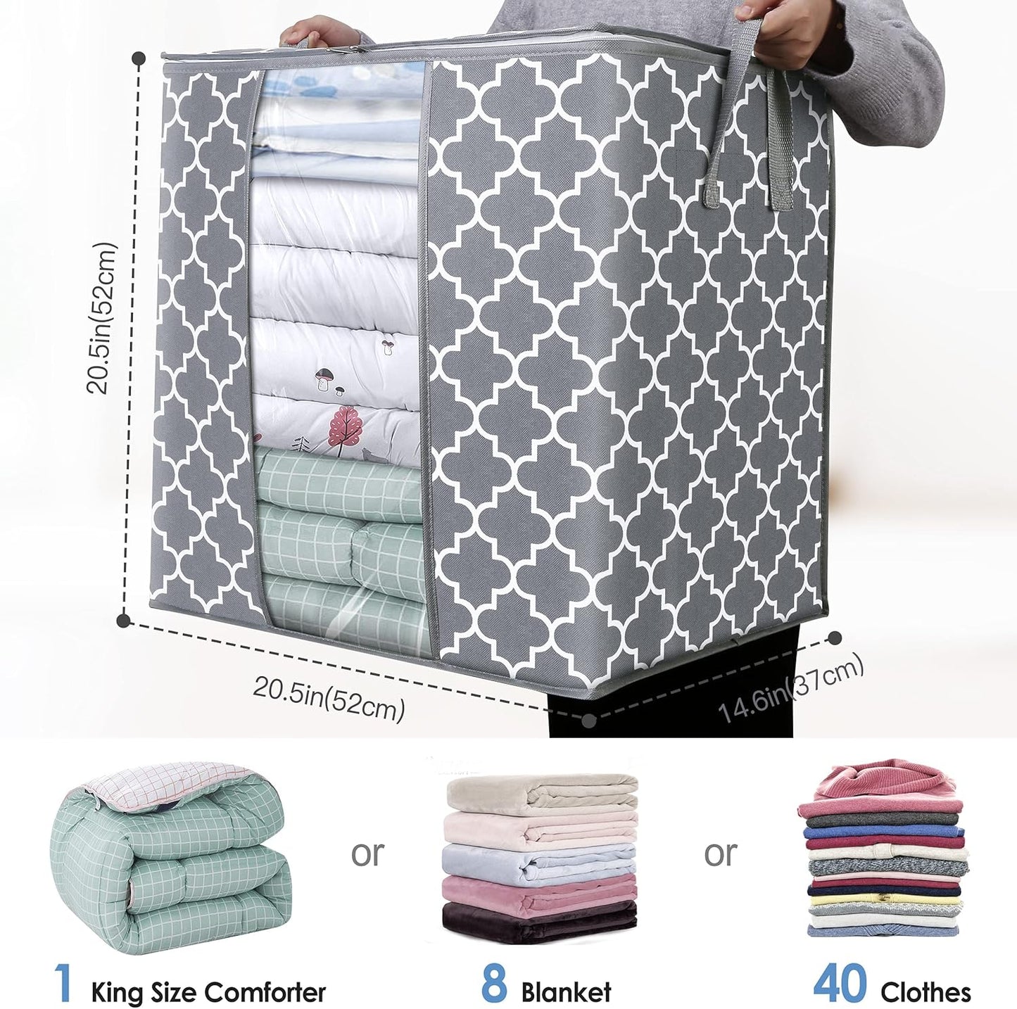 WISELIFE Storage Bags 6 Pack/100L Large Blanket Clothes Organization and Storage Containers for Comforters,Bedding, Foldable Organizer with Reinforced Handle, Clear Window, Sturdy Zippers,Light Gray