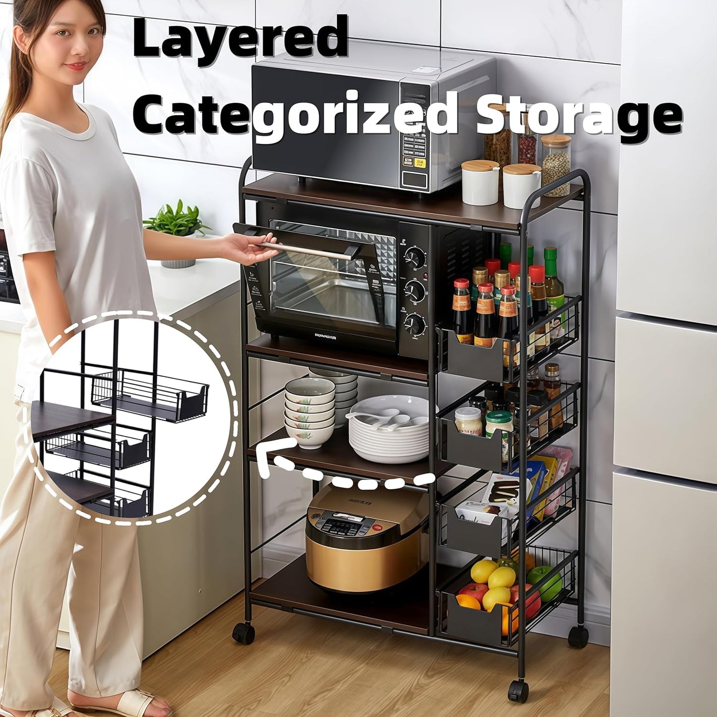 5-Tier Kitchen Carts on Wheels with Storage, Rolling Storage Cart with Handles, Lockable Wheels, 4 Drawers, Utility Carts on Wheels Microwave Stand for Kitchen, Living Room