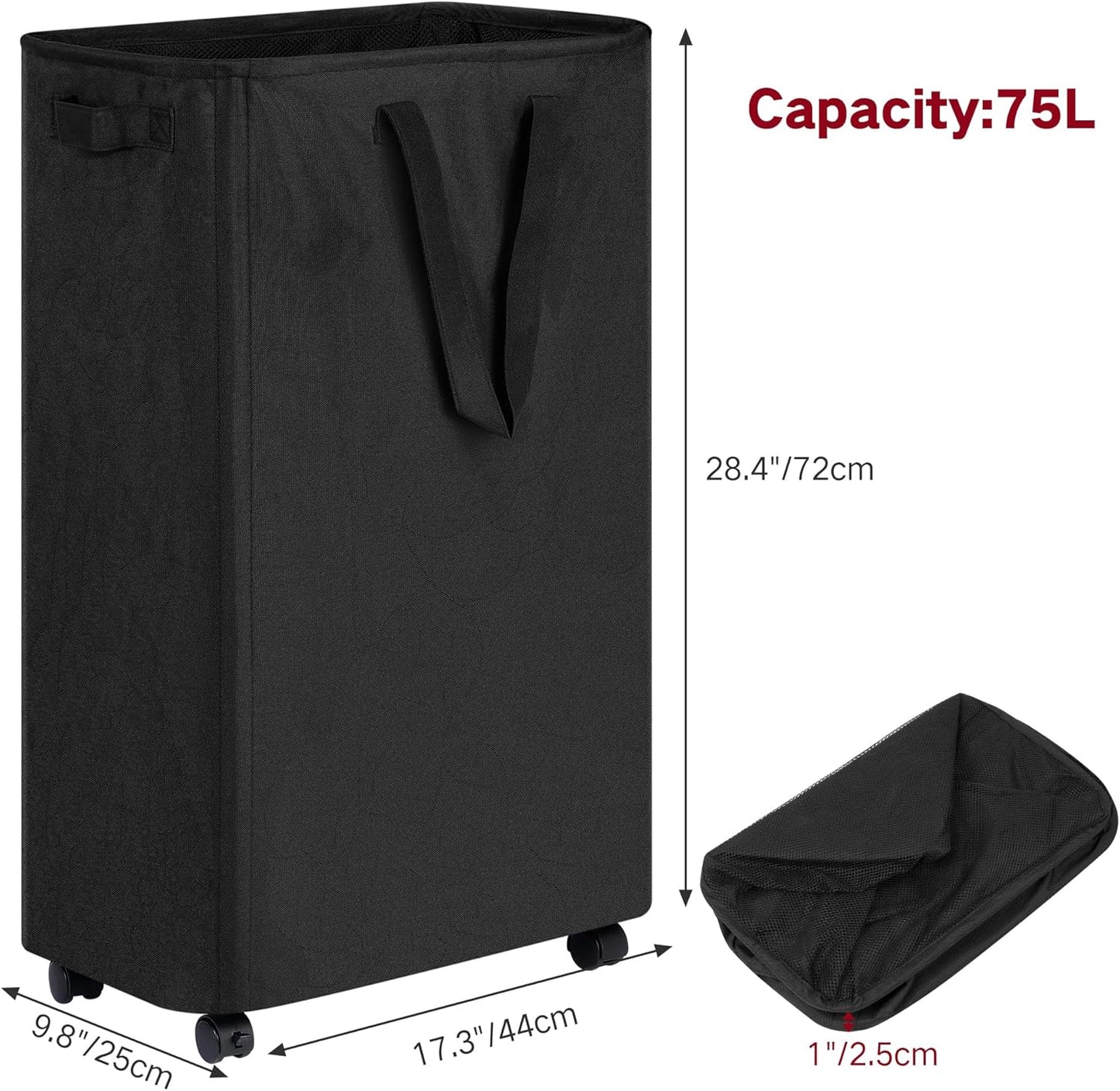efluky Slim Rolling Laundry Basket for Clothes, Bedroom & Dorm (Black, 75L)