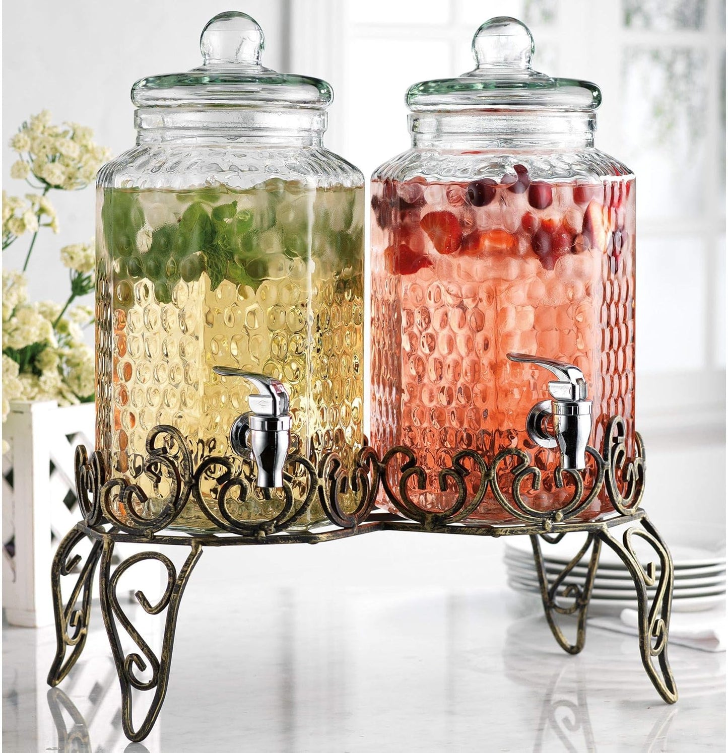 Classic Hammered Glass Beverage Dispenser with Elegant Stand (Set of 2), 1 Gallon Glass Drink Dispenser with Stand & Spigot, Party Drink Dispensers for Lemonade, Punch, Water, Juice