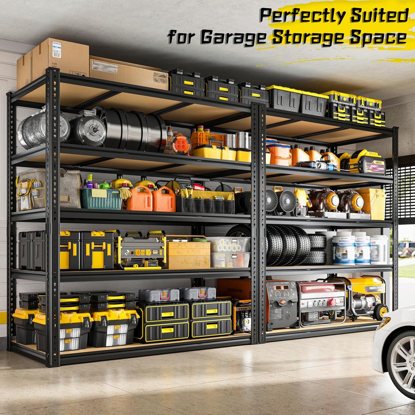 48" W Garage Shelving Heavy Duty 3200LBS Garage Storage Shelving, 5 Tier Adjustable Metal Shelving Unit Utility Rack Shelf for Warehouse, Pantry, Closet, Kitchen 72" H x 48" W x 24" D, Black,2PCS