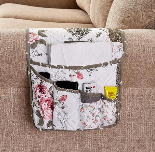Brilliant Sunshine Rose and Toile Patchwork Couch Armrest 5 Pockets Organizer, Slip Resistant Armchair Caddy, Washable Remote Controls Holder, Storage for Magazine, Tablet, Phone, 35×13", Rose Grey
