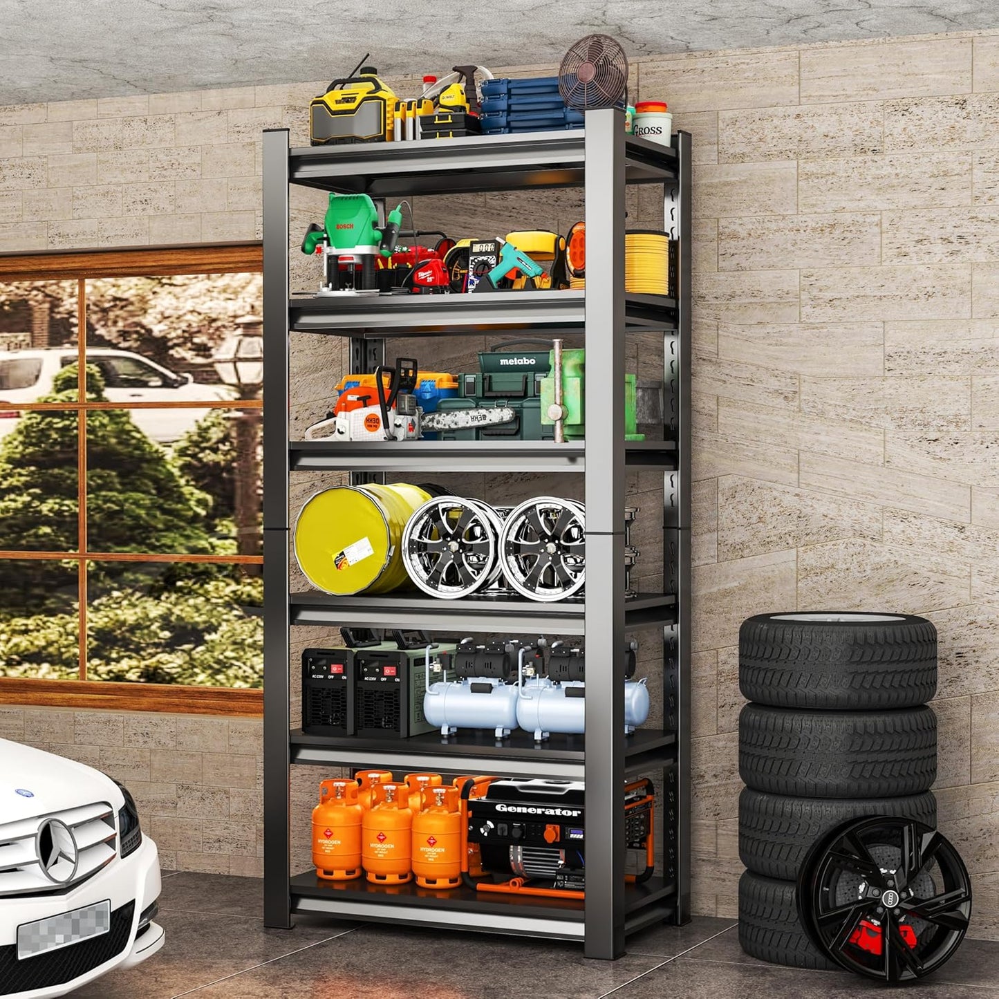 Storage Shelves, Garage Metal Shelving Unit, Adjustable, Double-Layer Column with Reinforced Ribs, Heavy-Duty, Capable of Bearing 3600 lbs, Suitable for Garage, Warehouse, Kitchen Storage