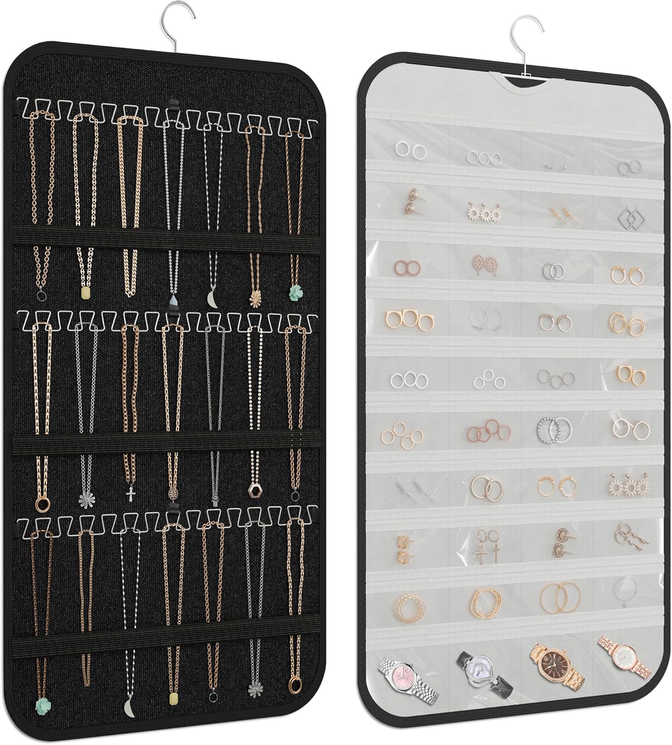 Hanging Jewelry Organizer Storage, 40 Pockets 36 Hooks Necklace Earring Bracelet Ring Organizer, Double - Sided Design, Black and White