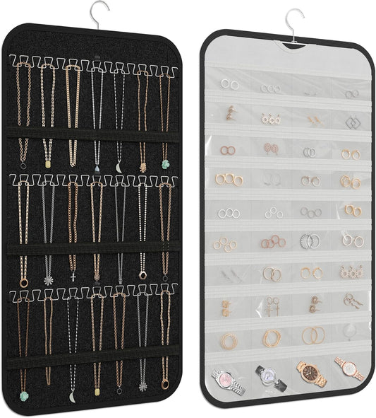 Hanging Jewelry Organizer Storage, 40 Pockets 36 Hooks Necklace Earring Bracelet Ring Organizer, Double - Sided Design, Black and White