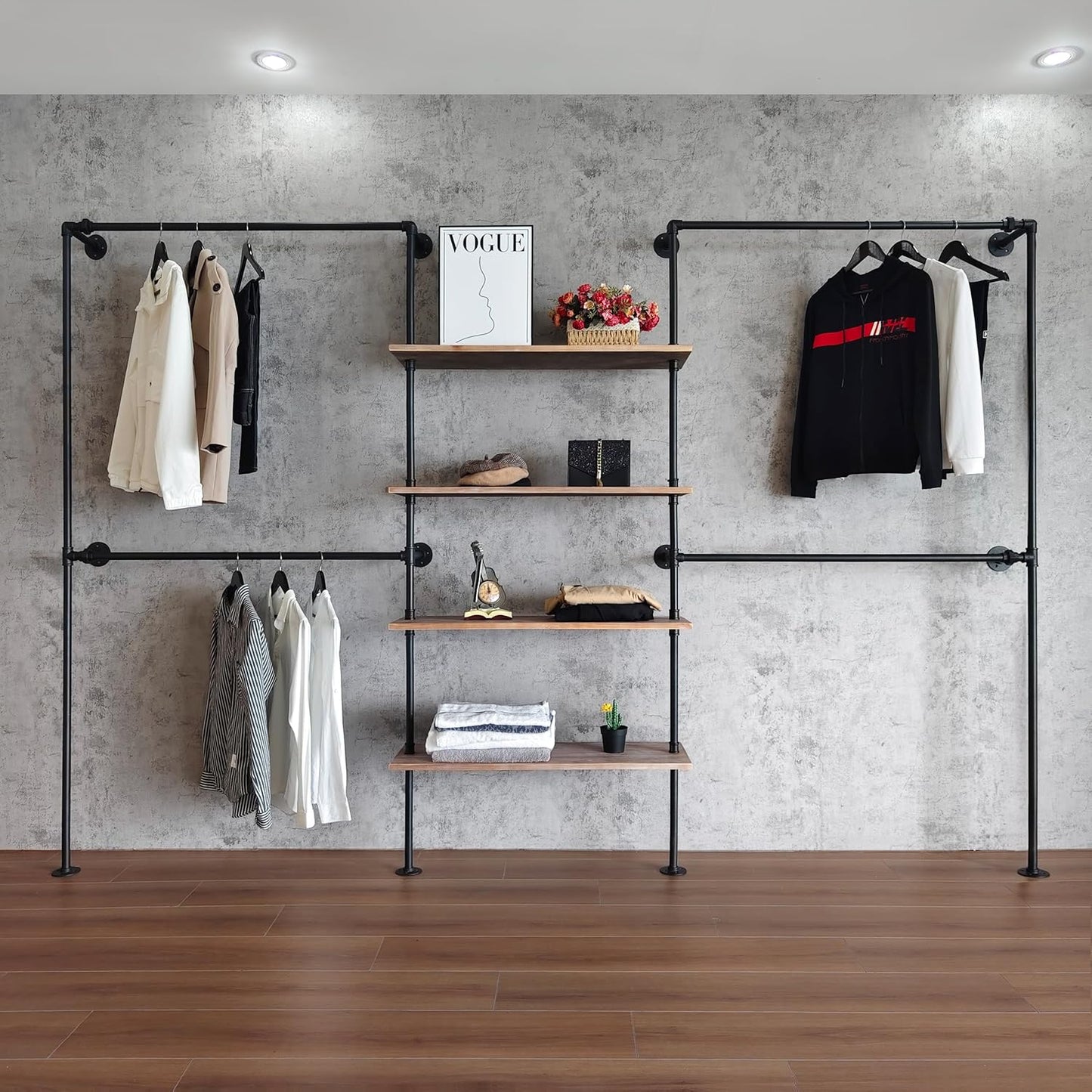 Industrial Pipe Clothing Rack, Wall Mounted Garment Hanging Rack with Shelves, 14.6x122.8x82.7 Inches, Model Y05