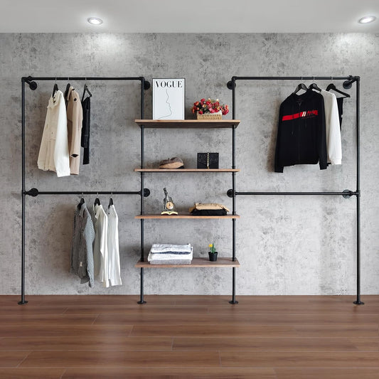 Industrial Pipe Clothing Rack, Wall Mounted Garment Hanging Rack with Shelves, 14.6x122.8x82.7 Inches, Model Y05