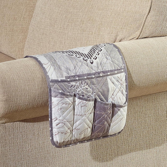 Brilliant Sunshine Grey Heart Love Patchwork Couch Armrest 5 Pockets Organizer, Slip Resistant Armchair Caddy, Washable Remote Controls Holder, Storage for Magazine, Tablet, Phone, 35×13", Grey White