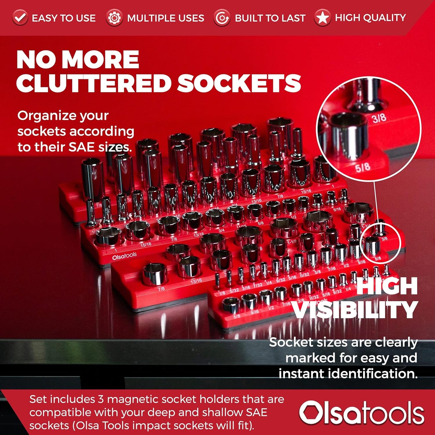 Olsa Tools Magnetic Socket Organizers | 3 Piece Set Socket Holder Kit | 1/2-Inch, 3/8-Inch, & 1/4-Inch Drive | SAE Red | Holds 68 Sockets | Professional Quality Tools Organizer Part 1150
