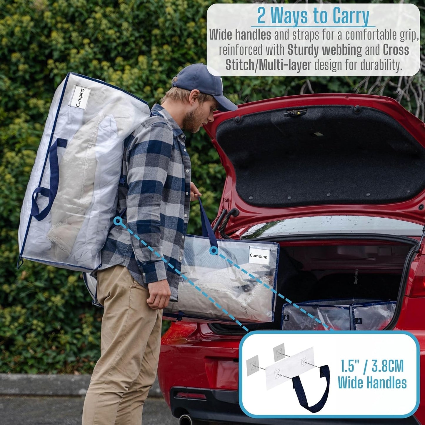 VENO 2 Pack Moving Bags w/Backpack Straps, Heavy Duty, Moving Boxes Alternative, Packing Supplies, Large Storage Totes for Dorm Room Essentials with Zipper for Clothes (Clear, 2 Pack)