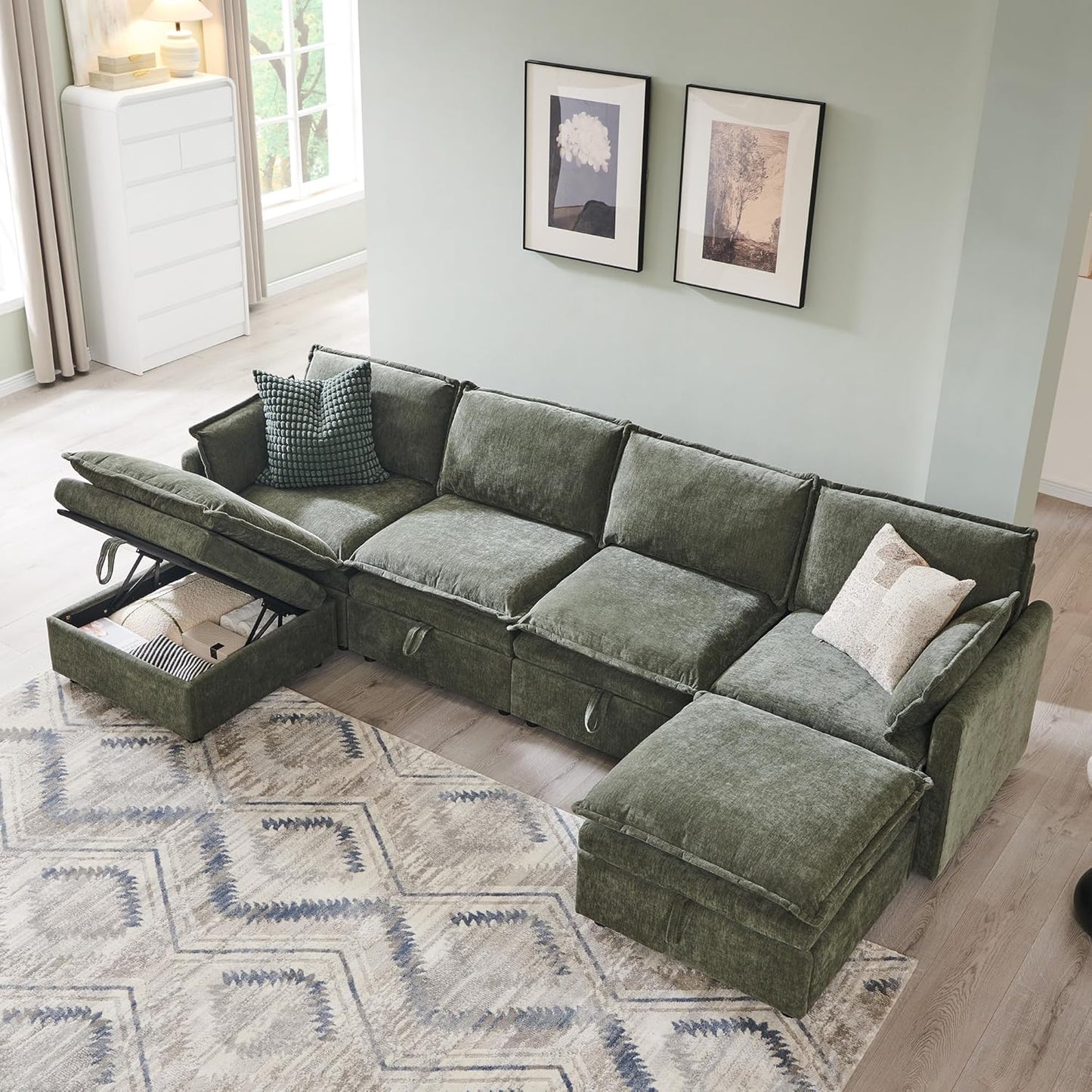 116.54" Sectional Couches for Living Room, Cloud Couch Sectional with Large Storage, U-Shape Modular Sectional Sofa with Ottoman,6 Seater Chenille Sofa with Pillow for Apartment, Bedroom, Green