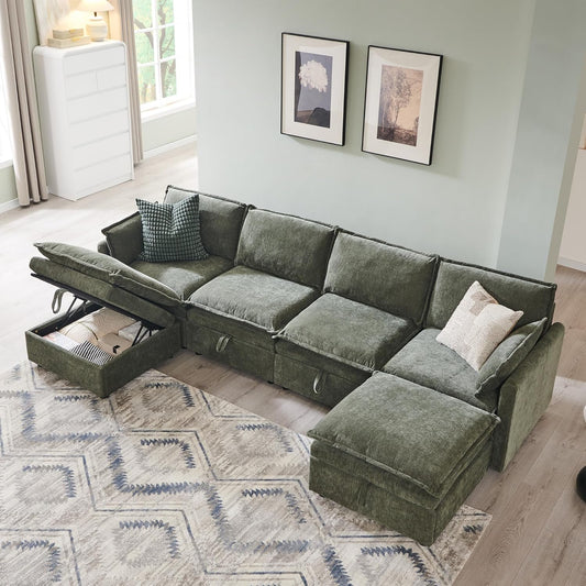 116.54" Sectional Couches for Living Room, Cloud Couch Sectional with Large Storage, U-Shape Modular Sectional Sofa with Ottoman,6 Seater Chenille Sofa with Pillow for Apartment, Bedroom, Green