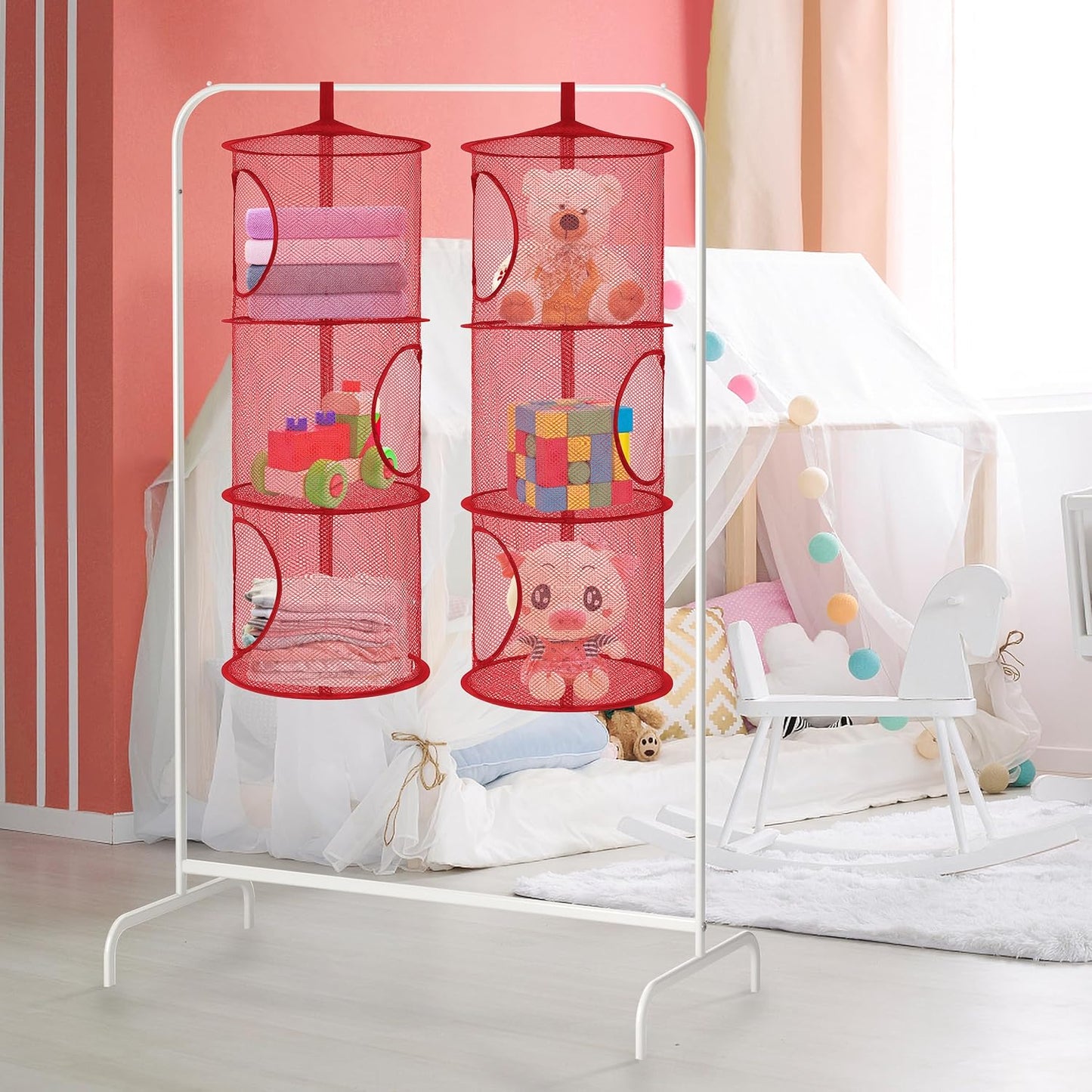 Libeder Stuffed Animal Storage Mesh Hanging Storage Space Saver Bags Organizer,Foldable Storage Organizer 3 Compartments Toy Net Storage Basket for Kids Room Bathroom 2 Sets Red