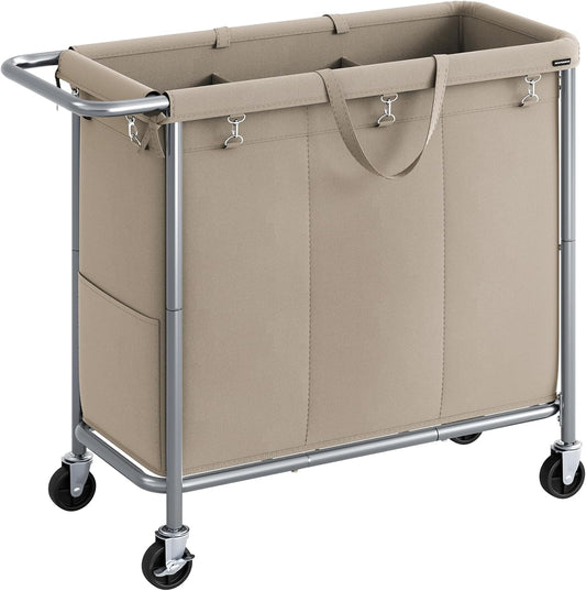 SONGMICS Laundry Basket with Wheels, 3-Section Rolling Laundry Hamper, 52.8 Gallons (200 L), Removable Liner, Steel Frame with Handle, 35.8 x 15.4 x 31.9 Inches, Camel Brown URLS005N01