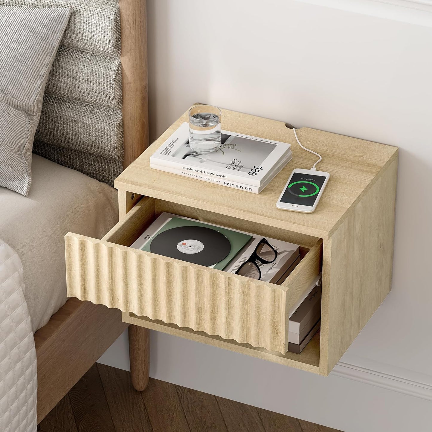 Floating Nightstands Set of 3 with Drawer and Open Shelf, Small Wall Mounted Bedside End Table, Modern Fluted Night Stand for Bedroom, Living Room, Light Oak