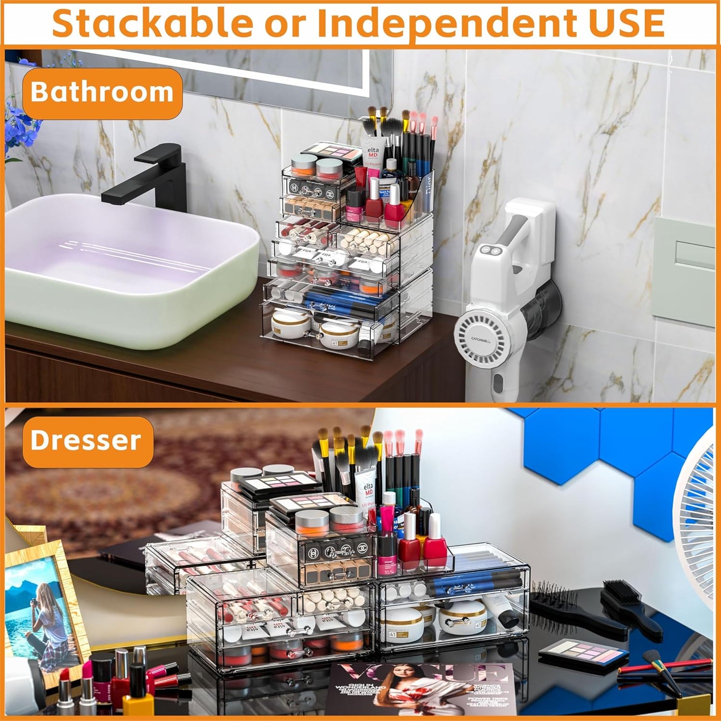 Acrylic Clear Make up Organizers And Storage for Vanity,Bathroom Skincare Organizer With 8 Drawer for Dresser,Plastic Desk Accessories Organization,Cosmetic Organizer Countertop for Beauty,Skin Care
