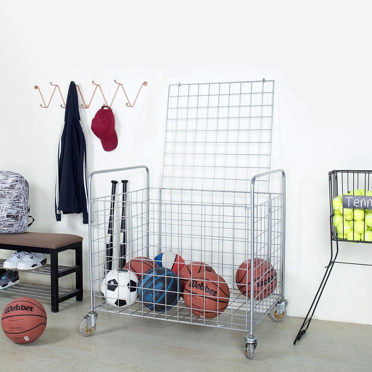 MyGift Professional Gym Metal Multi Sports Ball Storage Cart with Jumbo Industrial Wheels, Commercial Grade Portable Equipment Locker Cage for Basketball, Football, Soccer, Volleyball