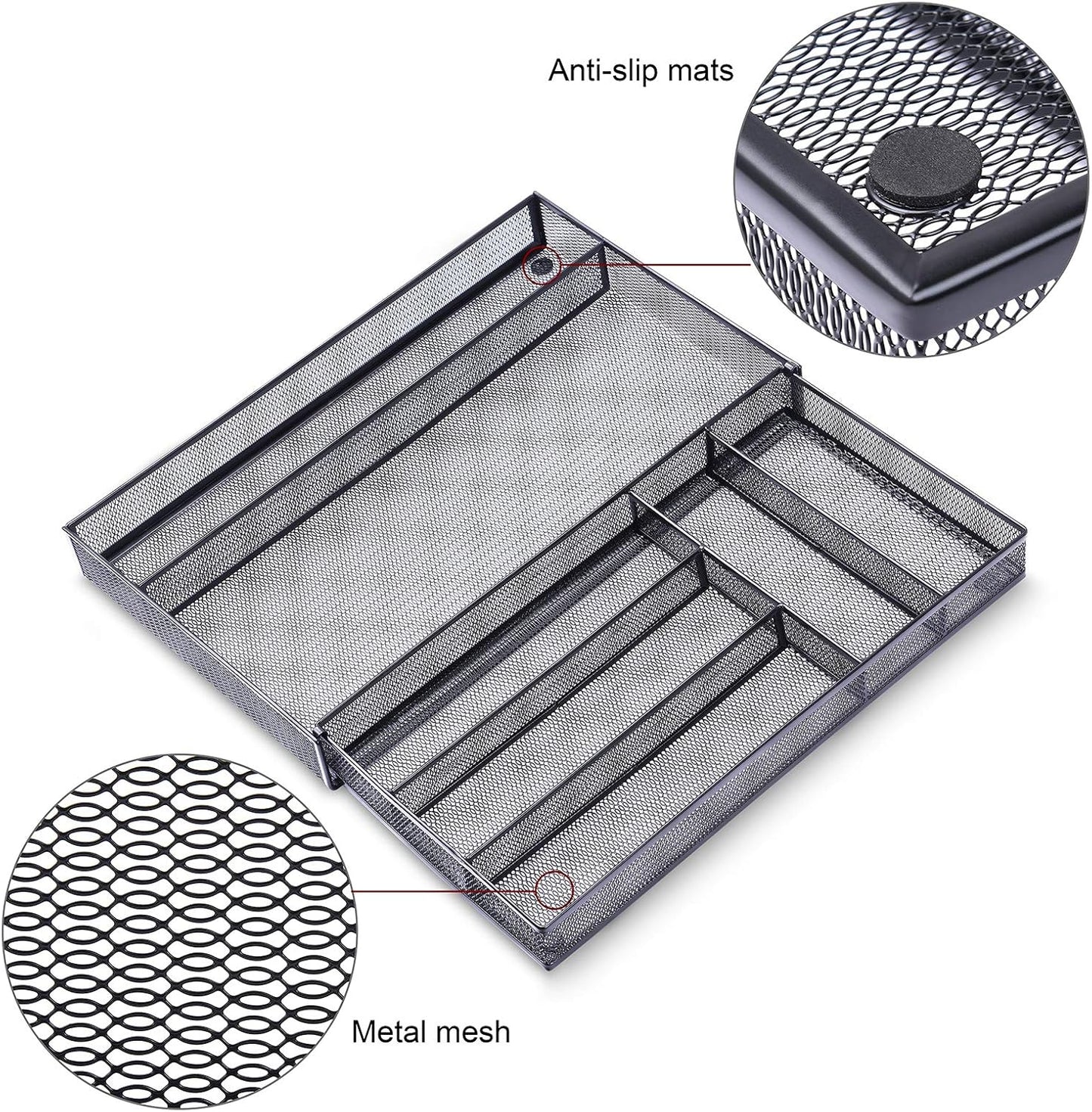 WuGeShop Expandable Office Desk Organizer, 7 compartments Mesh Desk Drawer Organizer Desk Organizer tray, Metal Office Supplies Accessories Storage, Black
