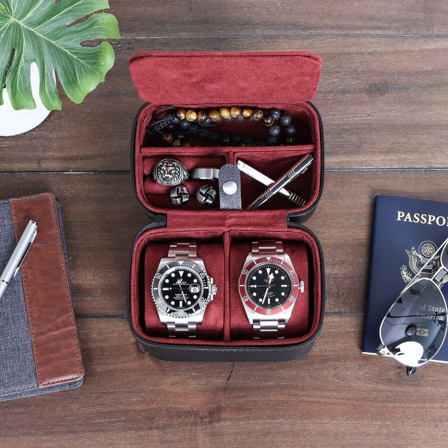 ROTHWELL Gift Set 6 Slot Leather Watch Box and 2 Watch Travel Case - Luxury Case Organizer, Microsuede Liner, Locking Mens Jewelry Watches Holder, Storage Boxes Glass Top (Black/Red Gift Set)