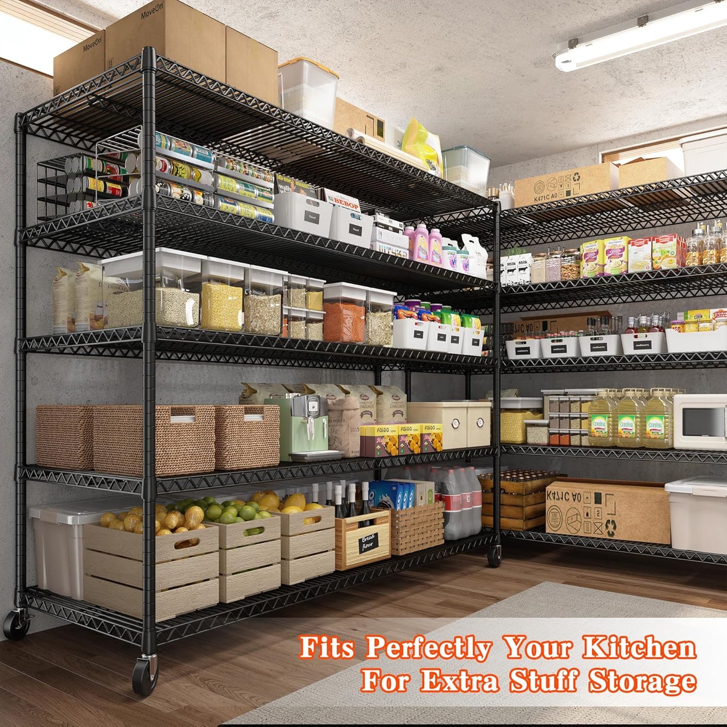 3200LBS Storage Shelves Wire Shelving with Wheels,Adjustable Garage Shelving Heavy Duty Steel Metal Shelving Unit Shelf Rack for Warehouses,Garage,Kitchen,School,Commercial,73" H X 60”W X 18" D