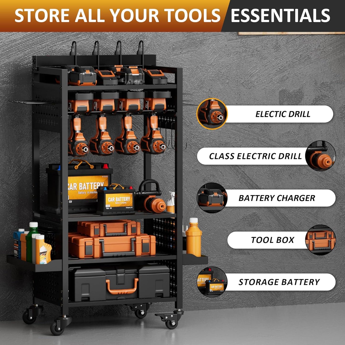 Power Tool Organizer Rolling Cart with 8 Charger Outlets, Heavy Duty Mobile Tool Storage Cart, 5 Tier Garage Organizer with Drill Holder, All-in-One Workshop Utility Cart on Wheels