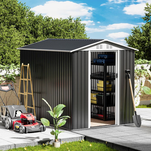6x9ft Outdoor Metal Storage Shed Waterproof Garden Shed with Lockable Door, Windows & Vents, Tool Metal Storage for Patio Furniture Lawnmower（Grey）