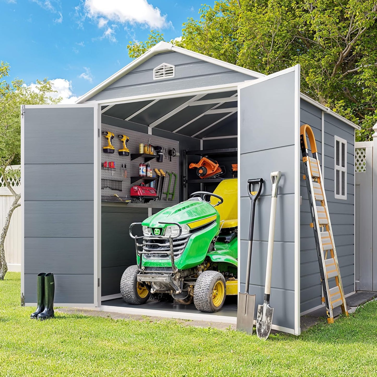 Gizoon 8x6 FT Outdoor Plastic Storage Shed with Reinforced Steel Frame, All-Weather Waterproof Resin Construction, Lockable Doors, Included Floor and Window for Backyard, Garden, Patio