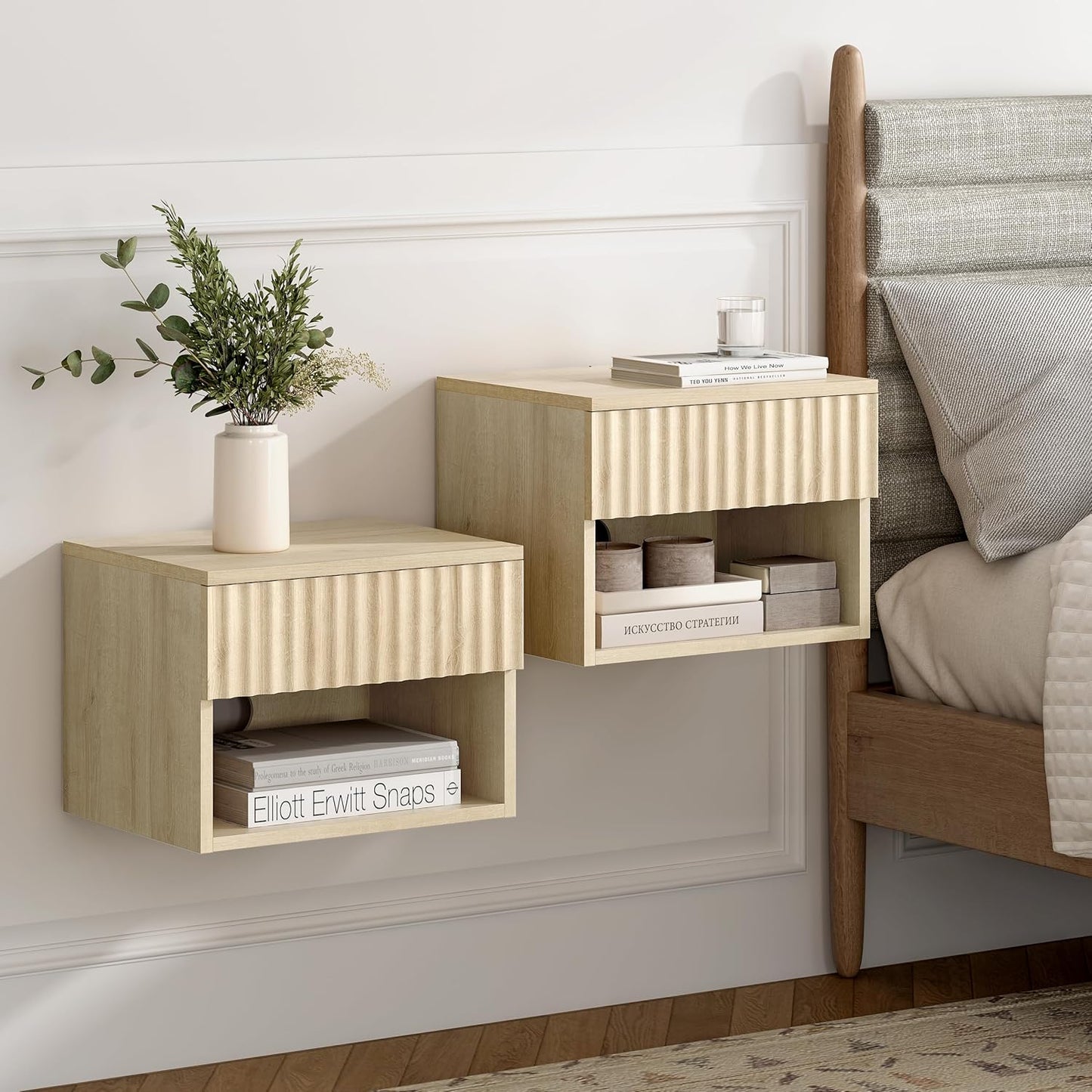 Small Floating Nightstand with Drawer, Modern Night Stand with Fluted Door and Open Storage Shelf Wall Mounted Bedside Table for Bedroom, Entryway Light Oak