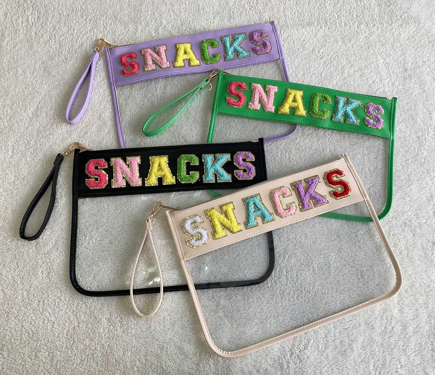 TopTTanBo Chenille Letter Clear Bag Purse Multi-purpose Transparent Waterproof Snacks Makeup Tote Bag with Wrist Strap
