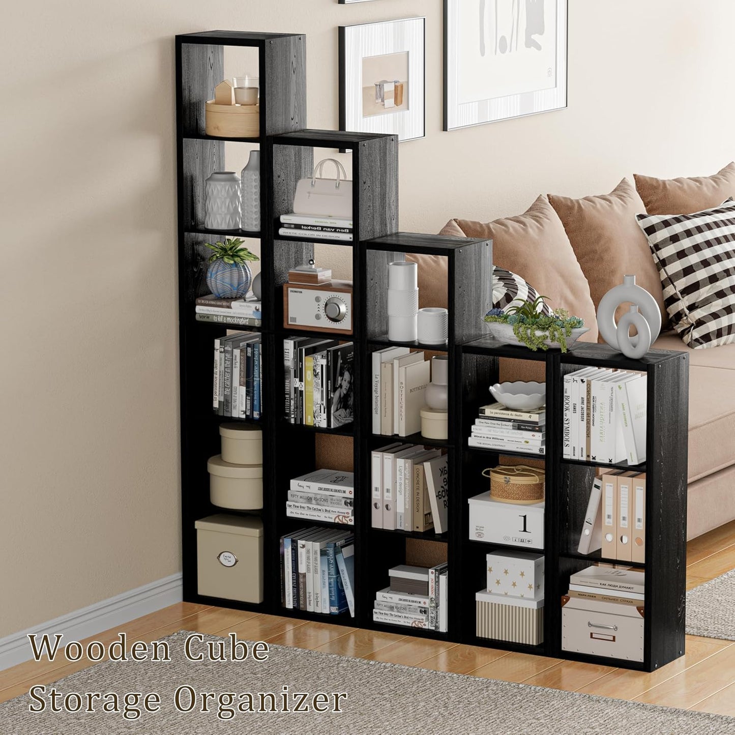 Tall Cube Storage Organizer Bookcase, 5 Tier 11 inch Open Back Cubical Shelf with Thickened Border, Display Bookshelf for Living Room, Home Office, Sturdy Room (Black, 5 Cube,Vertical)