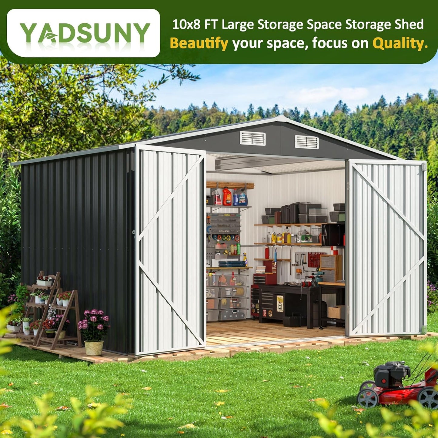 8x10 FT Outdoor Storage Shed, Metal Garden Tool Shed with Updated Frame Structure and Lockable Doors, Ideal for Backyard Garden Patio Lawn, Grey