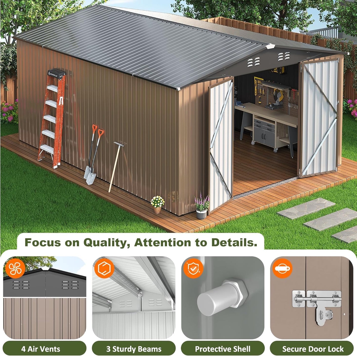 10x14 FT Outdoor Storage Shed, Large Garden Shed with Updated Frame Structure and Lockable Doors, Metal Tool Sheds for Backyard Garden Patio Lawn, Brown