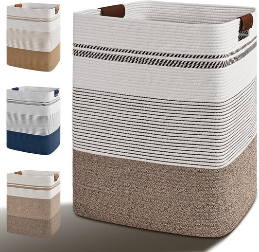 Laundry Hamper, 85L Tall Laundry Basket with Leather Handles, Rectangle Large Clothes Hamper for Organizing, Cotton Woven Laundry Baskets Storage Hampers for Bedroom, Nursery, Living Room