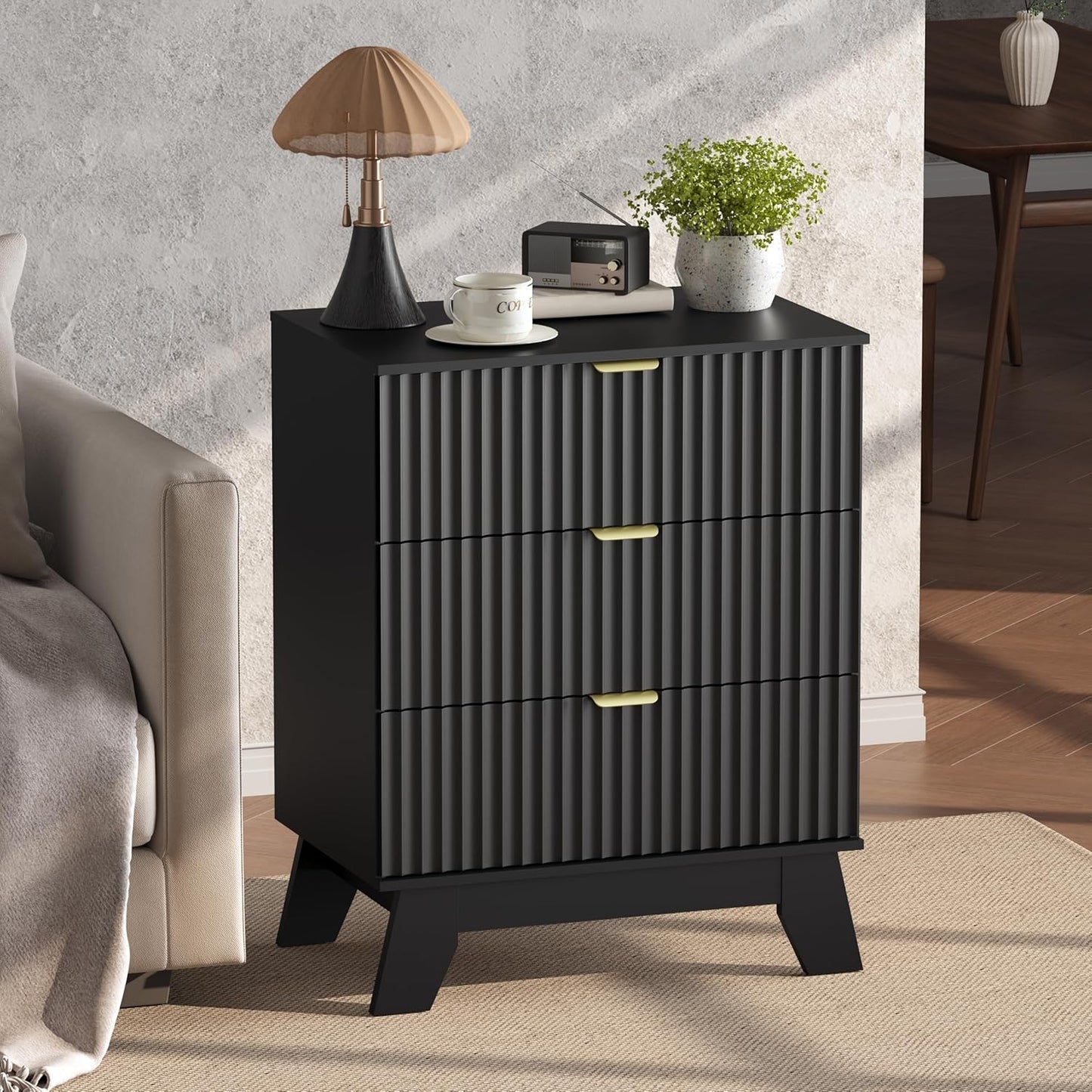 Night Stand Set 2, Bedside Table & End Table, Mid Century Modern Fluted Wood Nightstand with 3 Drawers & Metal Handles, Farmhouse Nightstand for Bedroom, Black