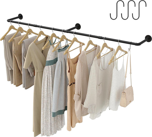 Industrial Pipe Clothes Rack with 3 Hooks, 72’'L Wall Mounted Garment Rack, Heavy Duty Iron Garment Bar, Clothes Hanging Rod Bar for Laundry Room, Max Load 135Lb Black (3 Base)