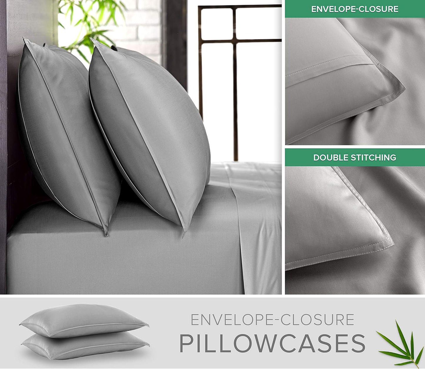King Pillowcases by Pure Bamboo, Genuine 100% Organic Viscose Derived from Bamboo, Luxuriously Soft & Cooling, Double Stitching, Envelope Closure (2 King Pillowcases, Stone Grey)