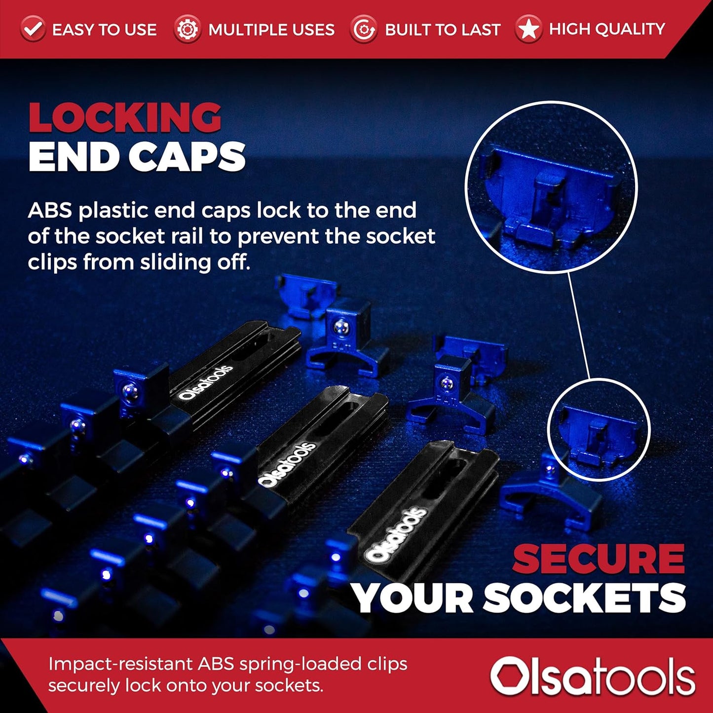 Olsa Tools Aluminum Socket Organizer, 3pc Set - Locking End Caps - 1/4-Inch Drive x 24 Clips, 3/8-Inch Drive x 18 Clips, 1/2-Inch Drive x 16 Clips - Professional Grade - Black - Part: 1181