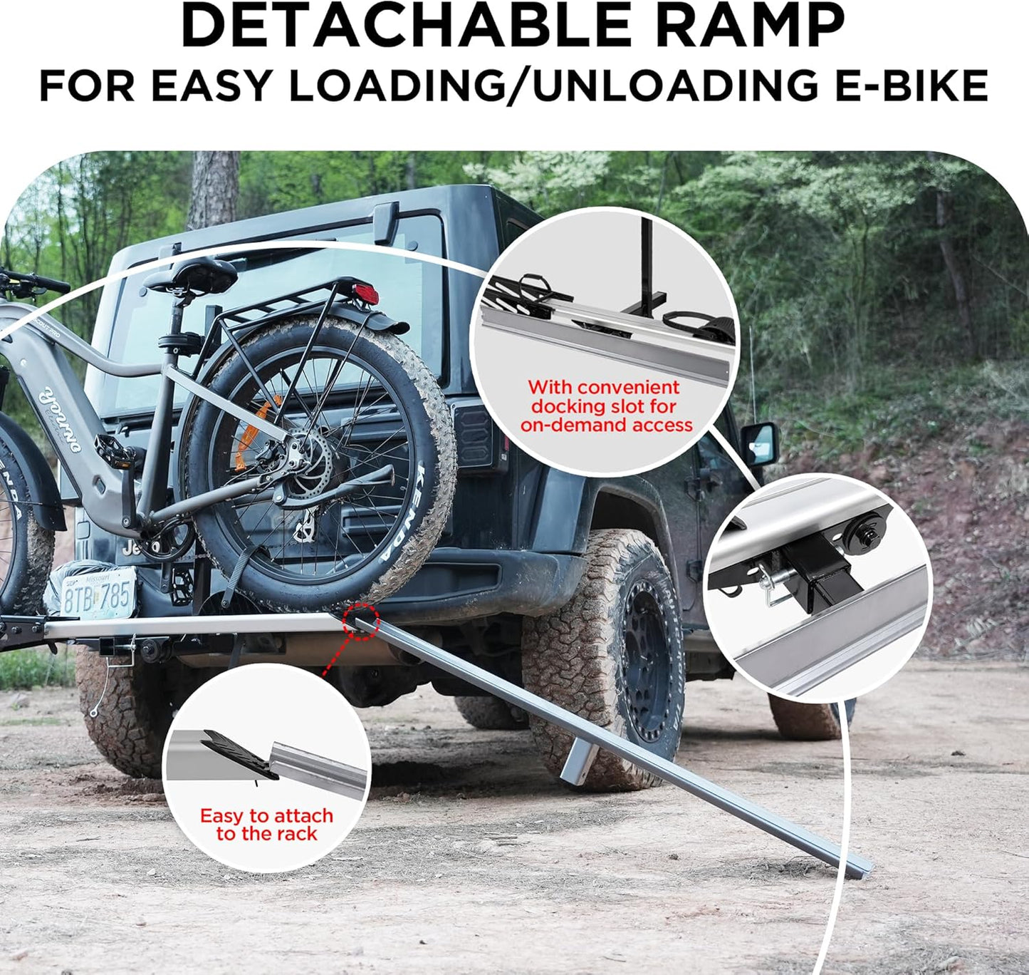 RokRack S One 1-Ebike Rack with Ramp, 100 lbs Capacity, Single Hitch Mount Electric Bike Rack, Fits up to 5" Fat Tire Width and 50" Wheelbase, Ebike Carrier Rack for 2" Receiver for Cars SUVs Vans RVs