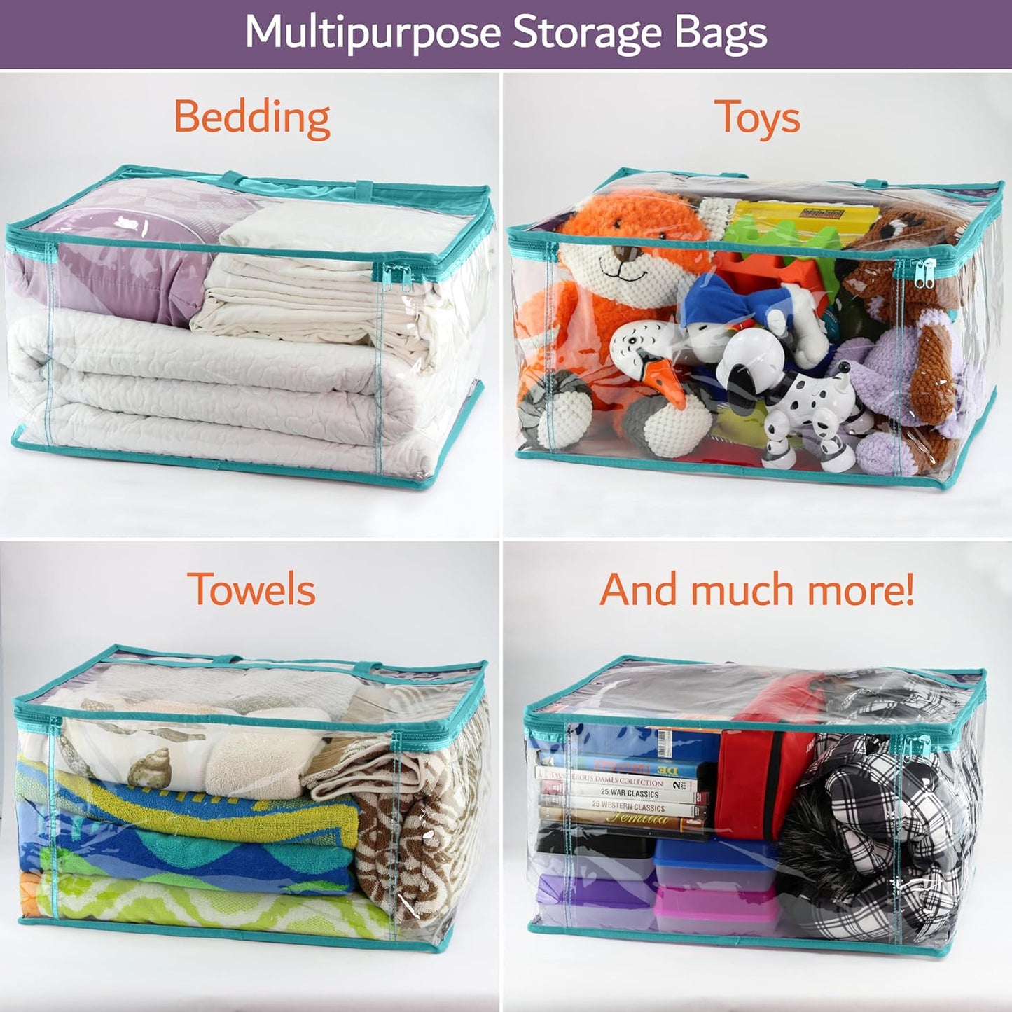 Clear Vinyl Zippered Storage Bags (3-Pack) 40L Sturdy Storage Bags for Sweaters, Blankets, Comforters, Bedding Sets and Much More! (Turquoise, 18x15x9)