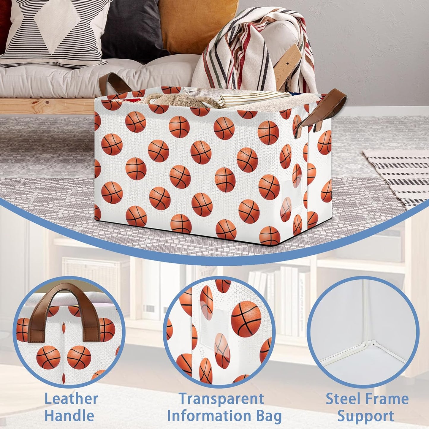 Basketball Collapsible Storage Box,Organizer Bin with Handles for Room Decoration,Bins Book Basket Box 17x11.5x10Inch