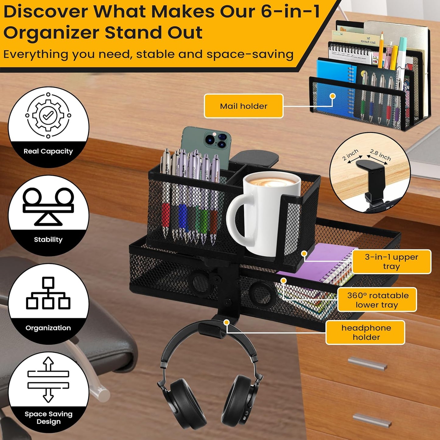 6-in-1 Under Desk Drawer Organizer with Clip On Cup Holder, Easy to Install Standing Desk Drawer Attachment, Space-Saving Clamp Organizer for Home & Office