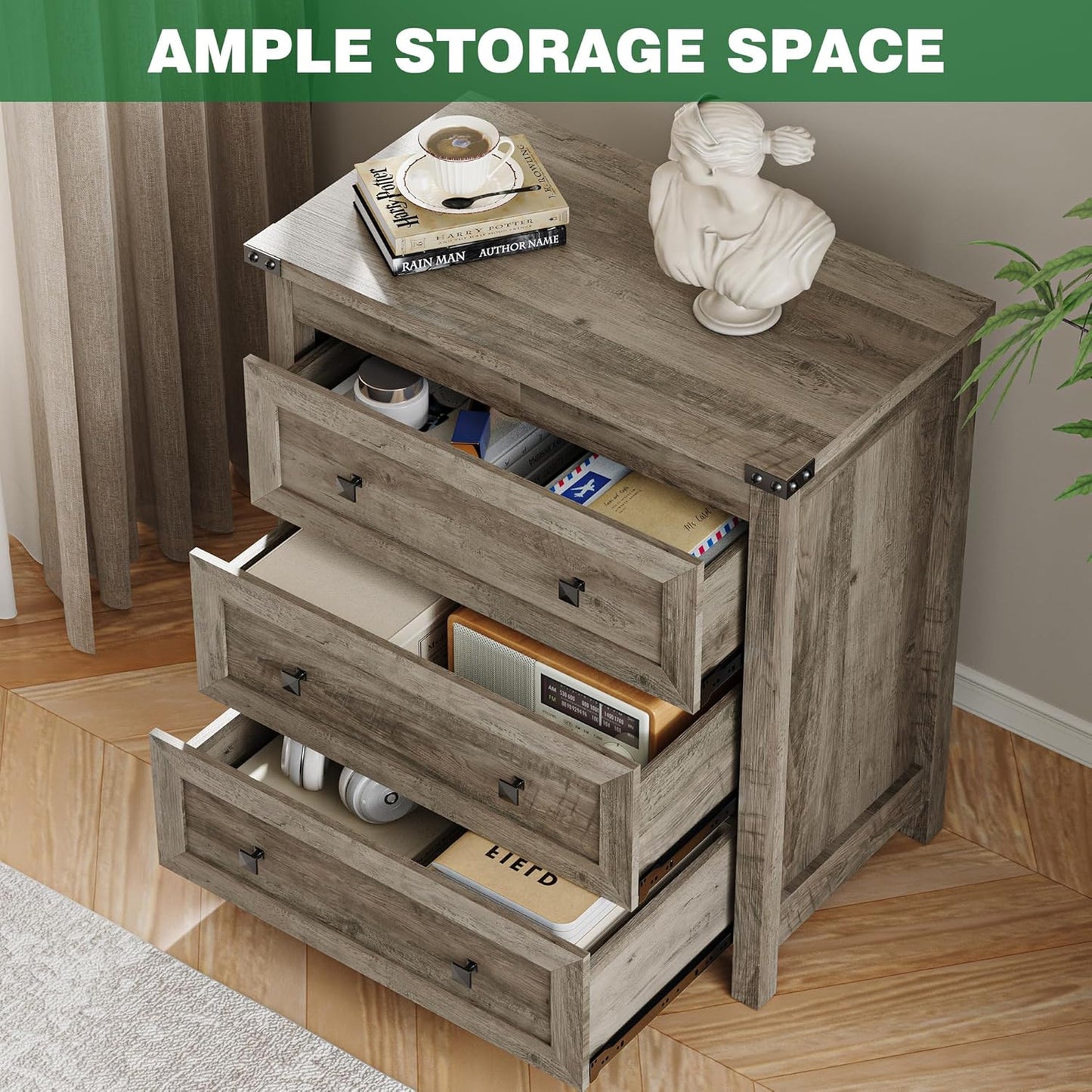 Dresser for Bedroom with 3 Drawers, Small Chests of Drawers, 27.55" Wide Farmhouse Wood Nightstand Bedside Cabinet End Table, Modern Closet Storage Organizer for Living Room, Entryway, Hallway, Grey