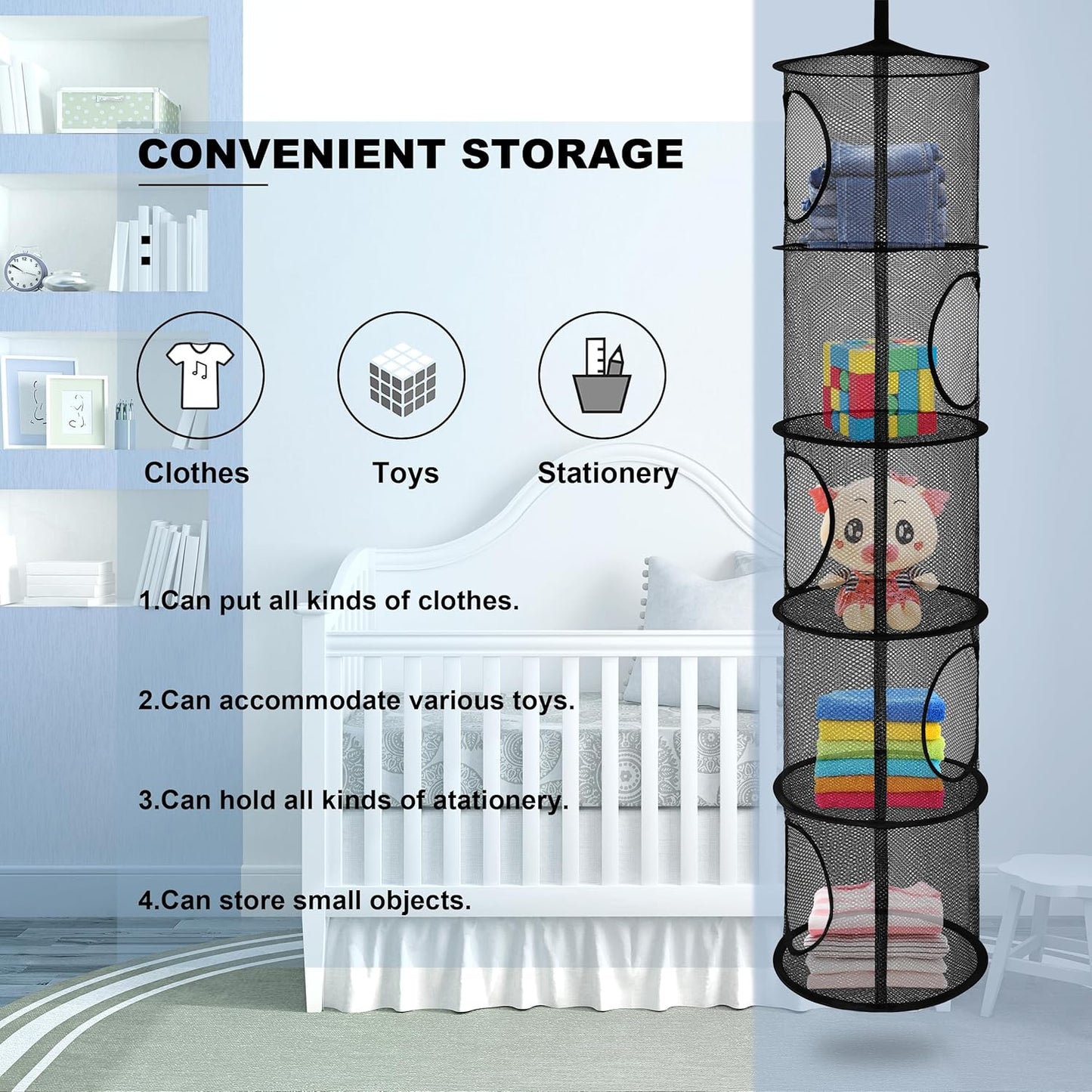 Libeder Mesh Hanging Storage Space Saver Bags Organizer,Foldable Storage Organizer 5 Compartments Toy Storage Basket for Kids Room Bathroom 2 Sets, Black